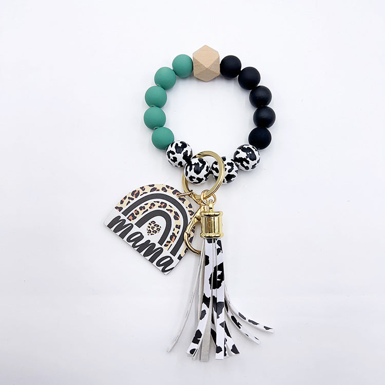 Wholesale Lacquer Round Beads Cow Pattern Wooden Beads Rainbow Wooden Sign Tassel Bracelet Keychain
